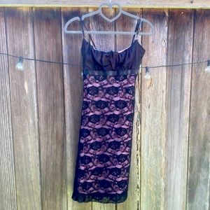 Small, Fitted, Black lace over pink- spaghetti strap dress.